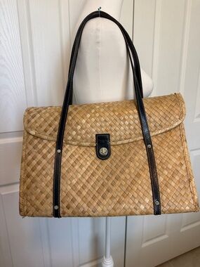 kate spade Natural Woven Straw Tote with Navy  Leather Straps